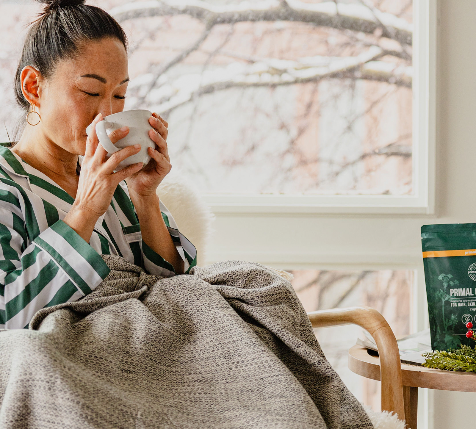 Woman taking collagen with breakfast
