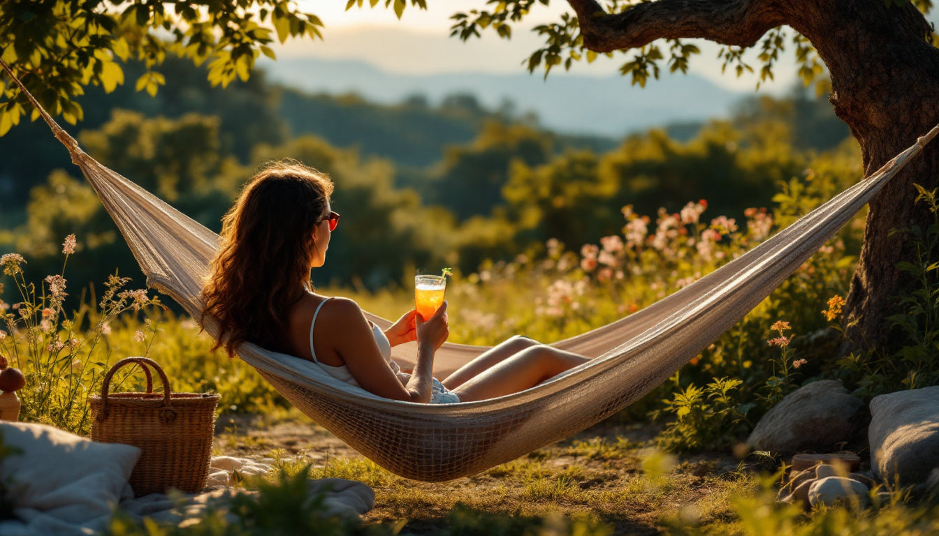 A woman hydrating in a hammock