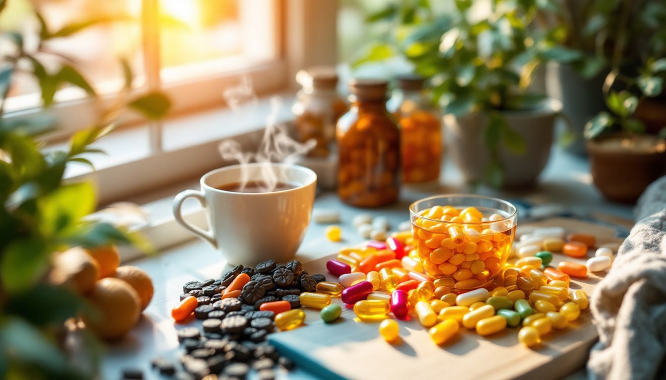 morning supplements next to a coffee