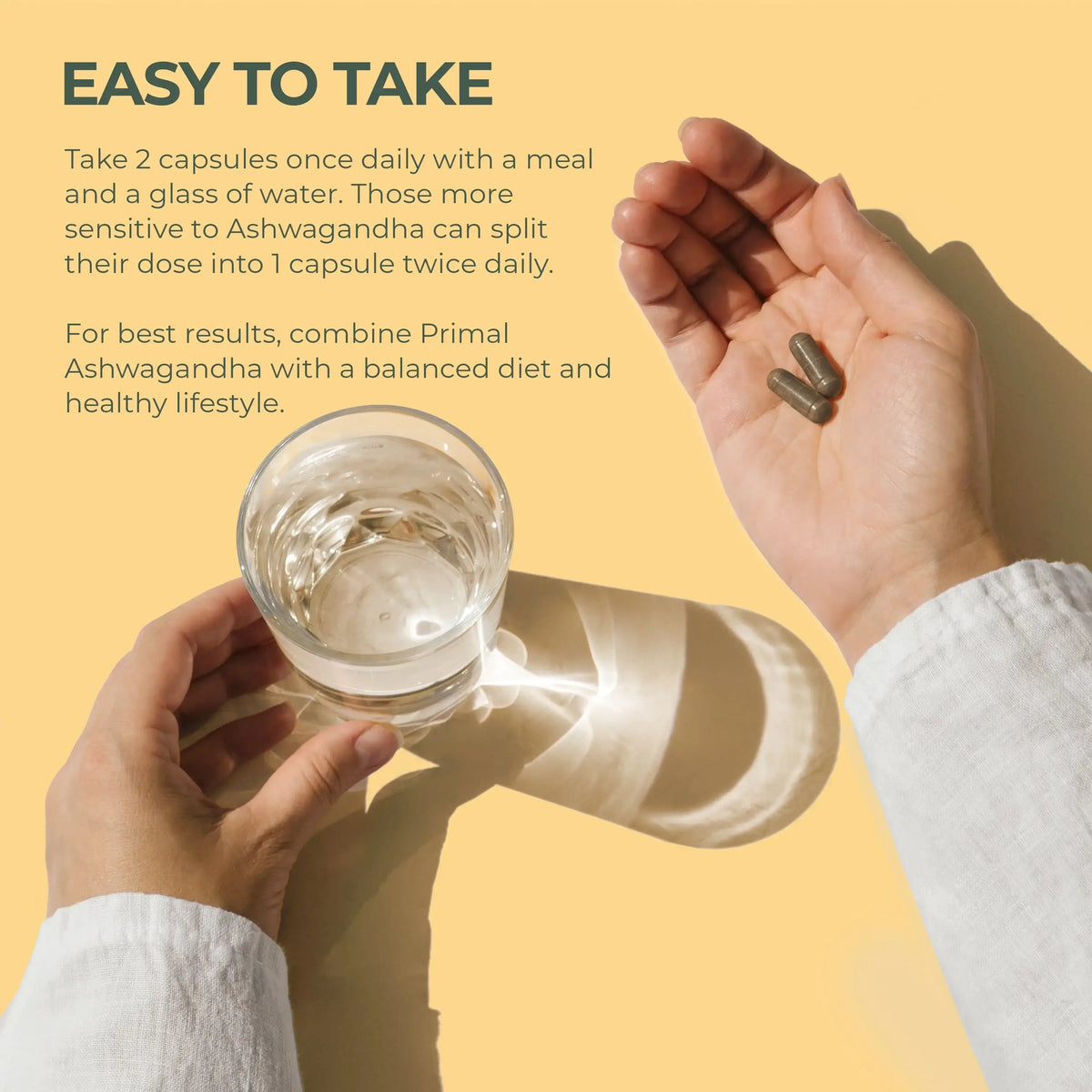 Hand holding a glass of water and capsules with text on a yellow background