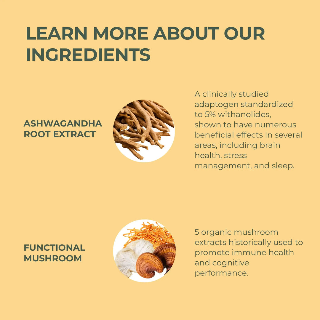 Product packaging with text about Ashwagandha root extract and functional mushroom on a yellow background.