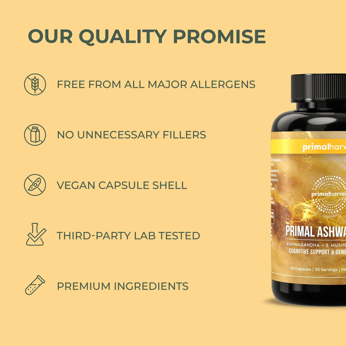 Primal Ashwagandha supplement bottle with quality promise details on a beige background