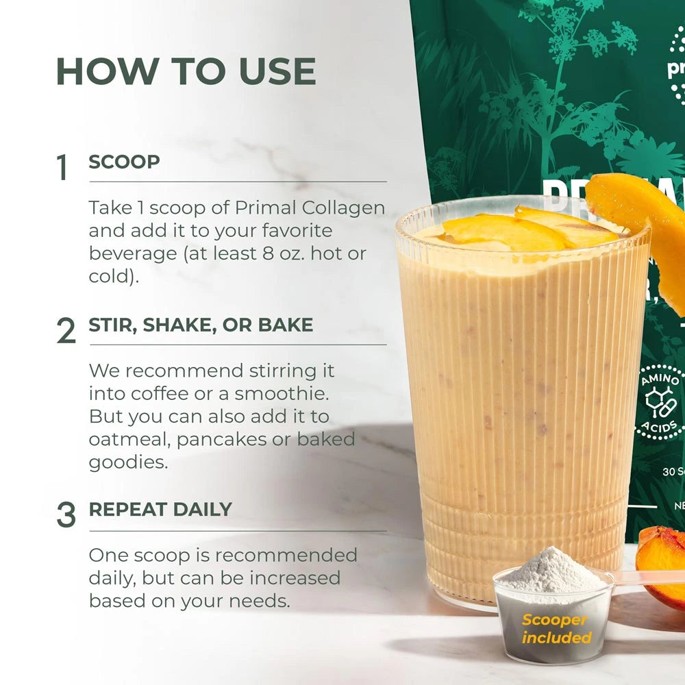 Primal Collagen usage instructions with a glass of a beverage and collagen powder.