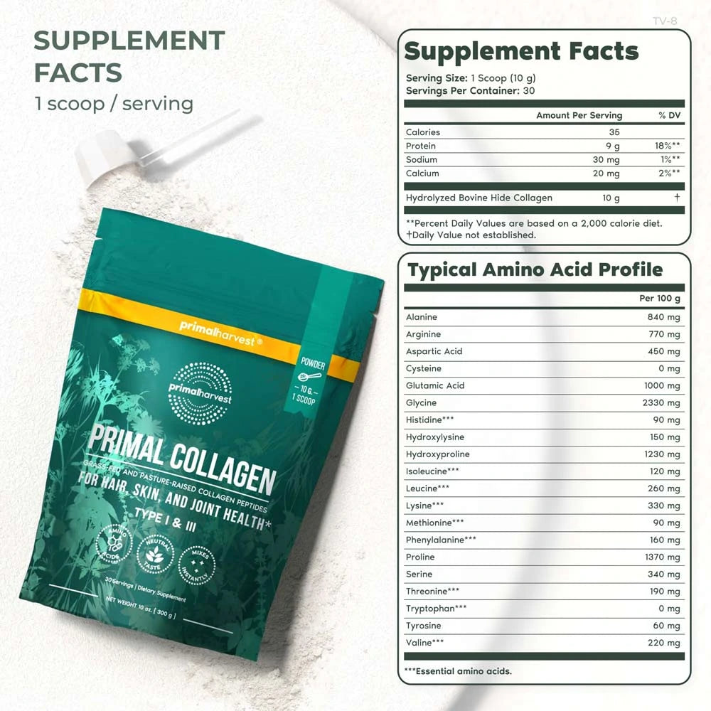 Primal Collagen supplement package with supplement facts and amino acid profile on a white background