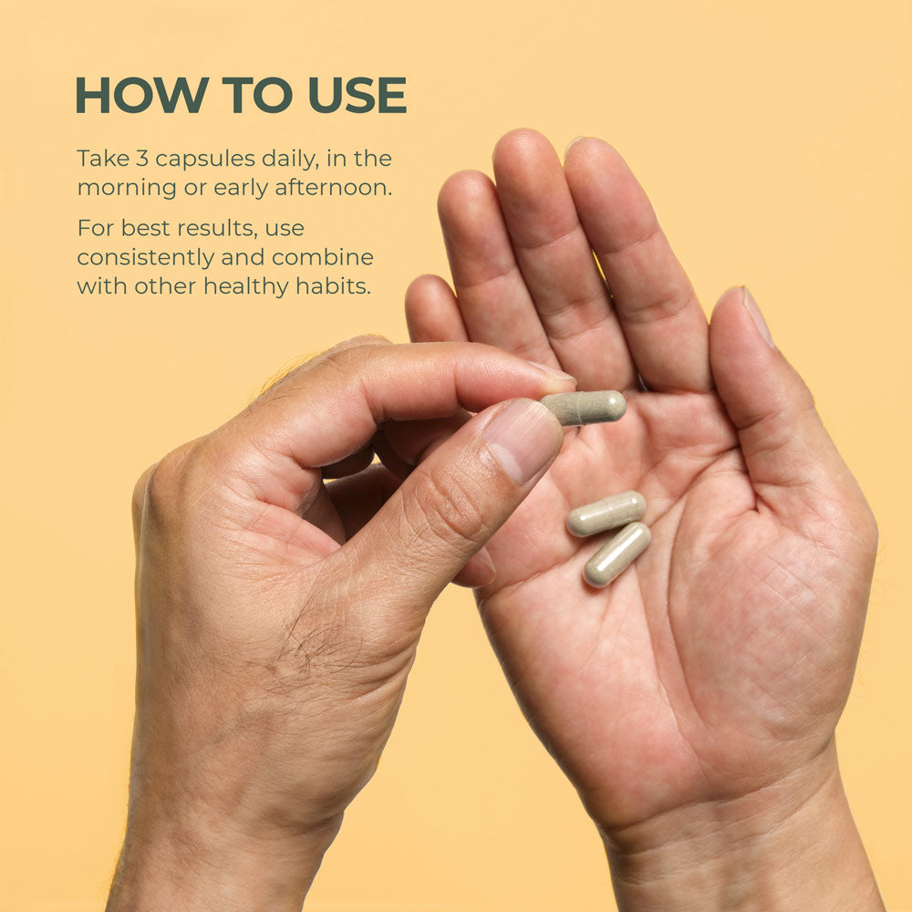 Official directions showing the three-capsule daily serving for Primal Total Male+
