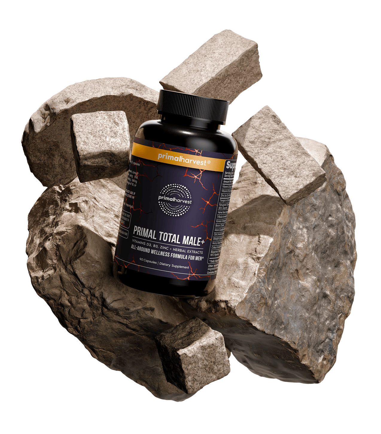 Primal Total Male+ bottle set among dark mineral rocks